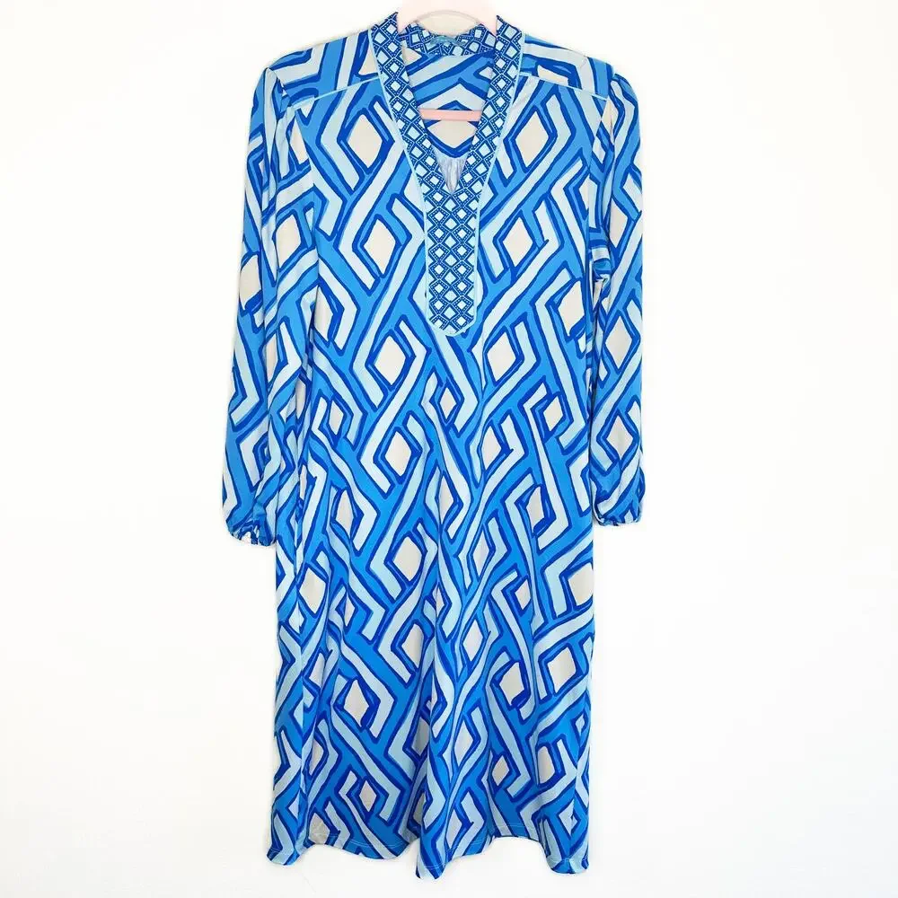 J McLaughlin Emer Long Sleeve Blue White Vilhada Souk Geometric Print Mini Dress